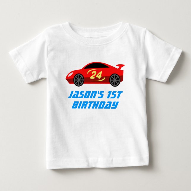 Personlig baby 1st Birthday tävling car t shirt (Framsida)