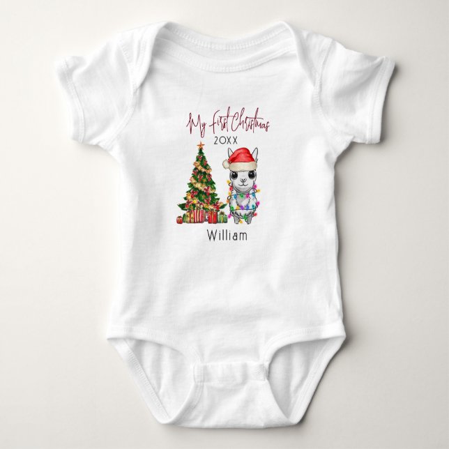 Personlig baby alpaca llama Första jul T Shirt (Framsida)