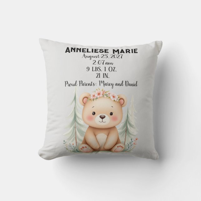 Personlig Baby Bear Birth Stats Girls' Nursery Kudde (Framsida)