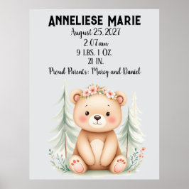 Personlig Baby Bear Birth Stats Girls' Nursery Poster