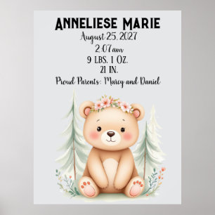 Personlig Baby Bear Birth Stats Girls' Nursery Poster