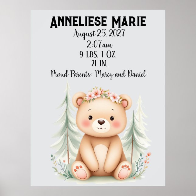Personlig Baby Bear Birth Stats Girls' Nursery Poster (Framsidan)