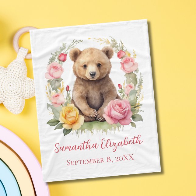 Personlig Baby Bear Rosa Gul ros Baby Fleecefilt (Personalized Birth name and date, Baby Bear with Pink Yellow Flowers Roses Baby Blanket)