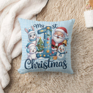 Personlig Baby Blå Gingham Min Första Jul Kudde