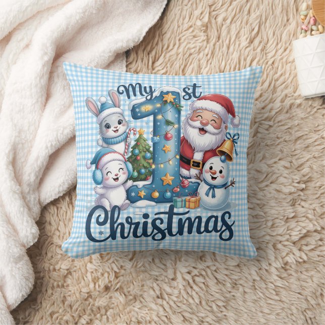 Personlig Baby Blå Gingham Min Första Jul Kudde (Filt)