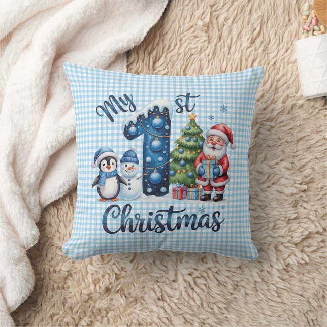 Personlig Baby Blå Gingham Min Första Jul Kudde (Filt)