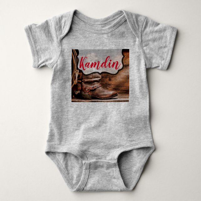 Personlig Baby Body Kostym CowboyBoots Barn Wood T Shirt (Framsida)
