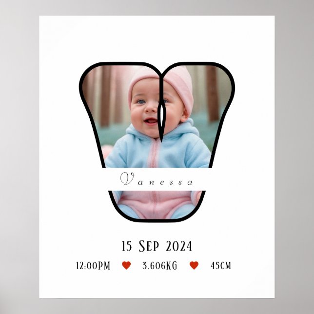 Personlig Baby Brev V med Gräns Poster (Framsidan)