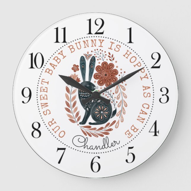 Personlig Baby Bunny Rabbit Nursery Large Clock Stor Klocka (Framsida)