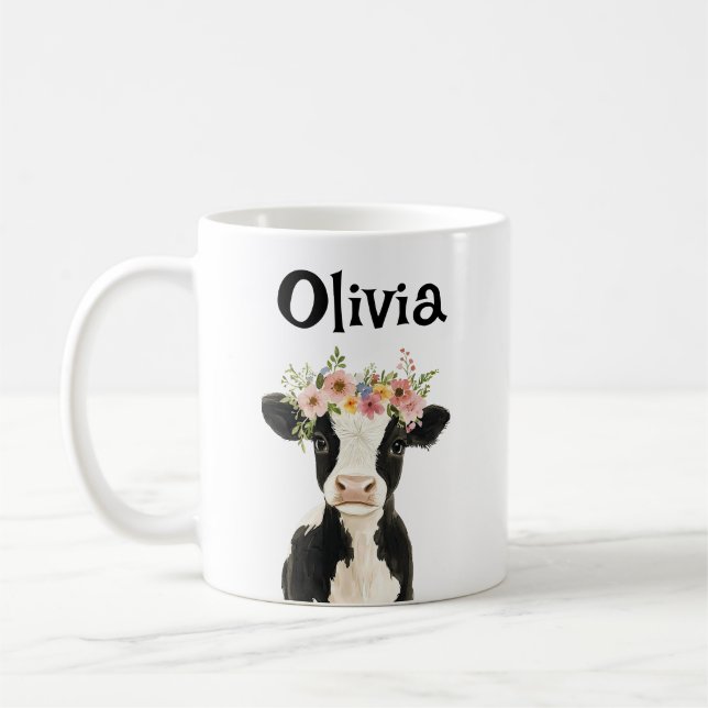 Personlig Baby Cow med Blommigt Utandning Kaffemugg (Vänster)