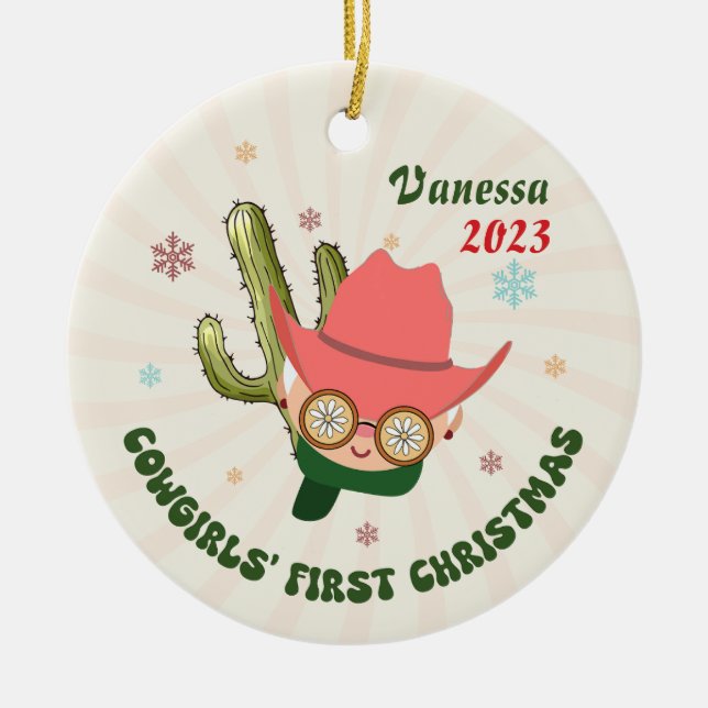 Personlig Baby Cowgirl Första jul Julgransprydnad Keramik (Framsidan)