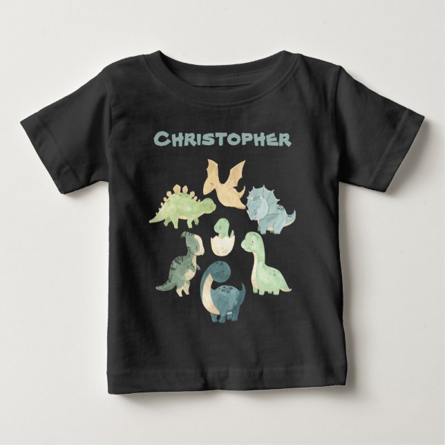Personlig Baby Dinosaur Black Baby T-Shirt (Framsida)