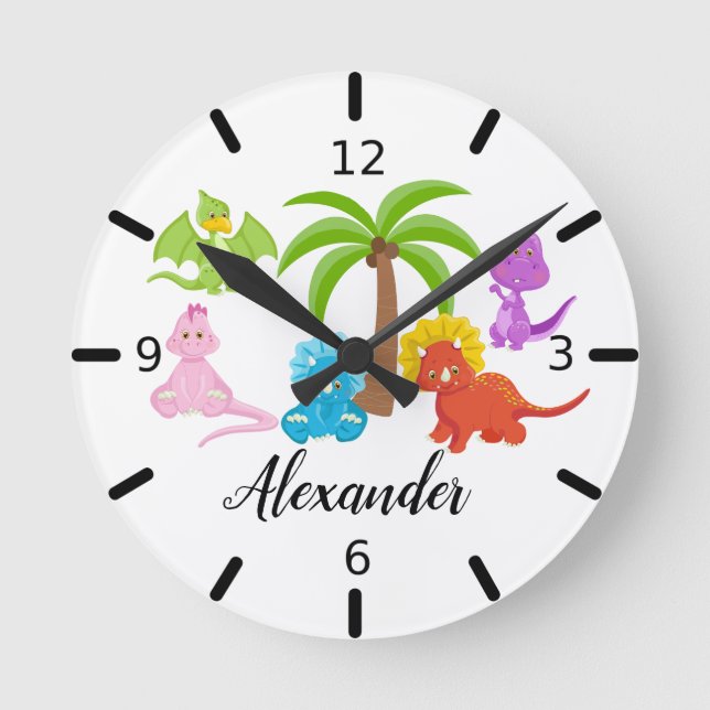 Personlig Baby Dinosaur & Vänner Rund Klocka (Framsida)