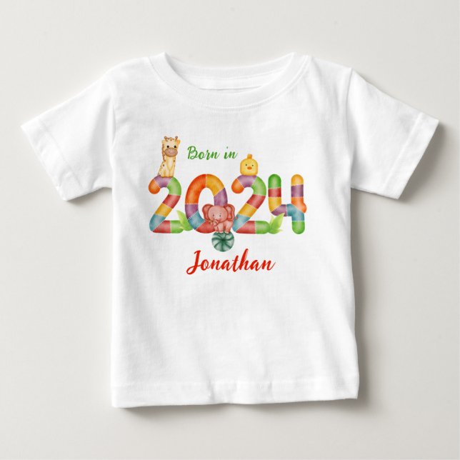 personlig baby djur gåva född 2024 t shirt (Framsida)