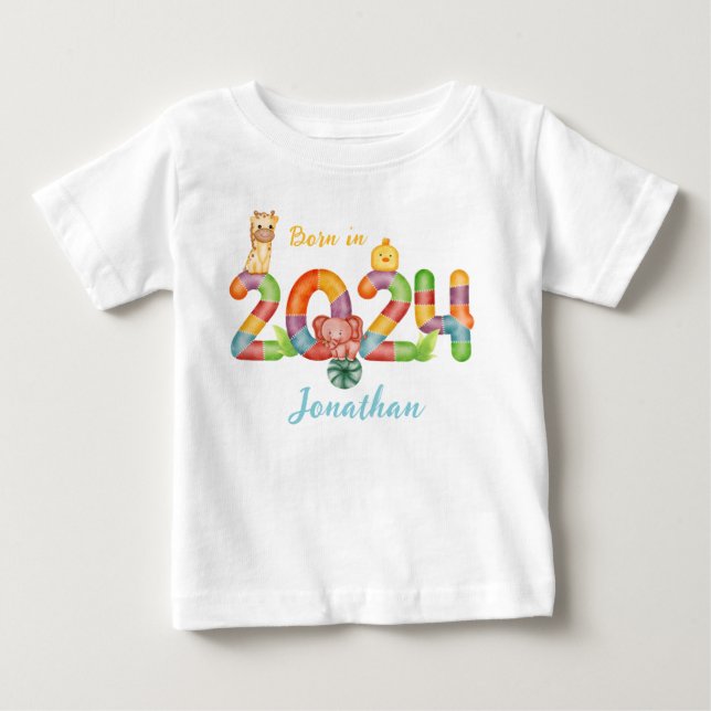 personlig baby djur gåva född 2024 t shirt (Framsida)
