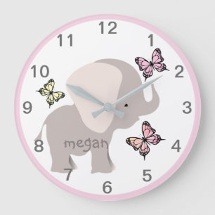 Personlig Baby Elephant Butterfly Wall Clock Stor Klocka