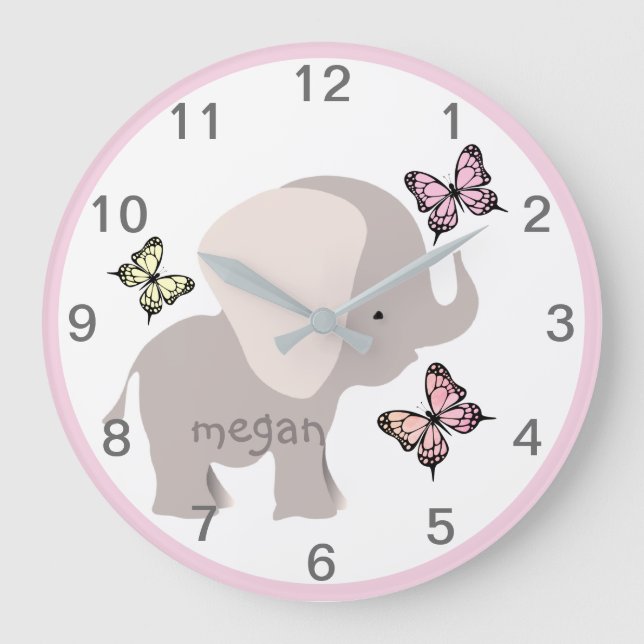 Personlig Baby Elephant Butterfly Wall Clock Stor Klocka (Framsida)
