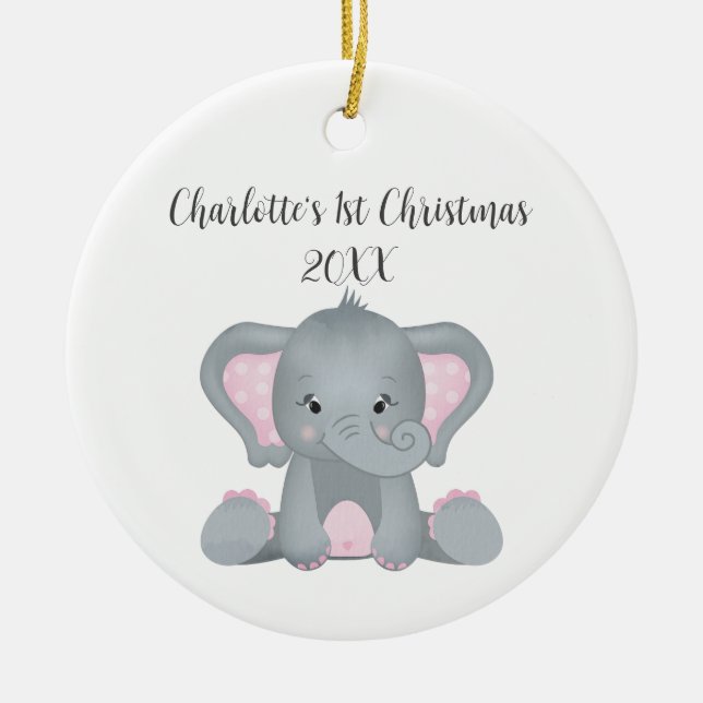 Personlig Baby Elephant Rosa Baby 1:a jul Julgransprydnad Keramik (Framsidan)