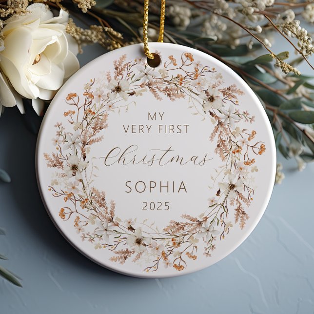 Personlig Baby Första jul Boho Wildblommor Julgransprydnad Keramik (Skapare uppladdad)