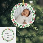 Personlig Baby Första jul-Helgdag Julgransprydnad Keramik<br><div class="desc">Den första julprydnaden i Baby är dekorerad med vattenfärgsholly och mistletoe. Anpassade enkelt med baby och namn. Om du vill redigera ytterligare använda ändrar du teckensnittet, teckensnittet storlekt eller färg med Verktyg i Design. Eftersom vi skapar vår teckning kommer du inte att hitta just den här bilden från andra designers....</div>