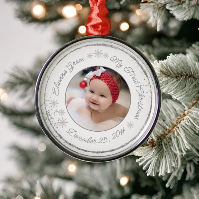 Personlig Baby: Första julfotfoto Glitter Julgransprydnad Metall (Skapare uppladdad)