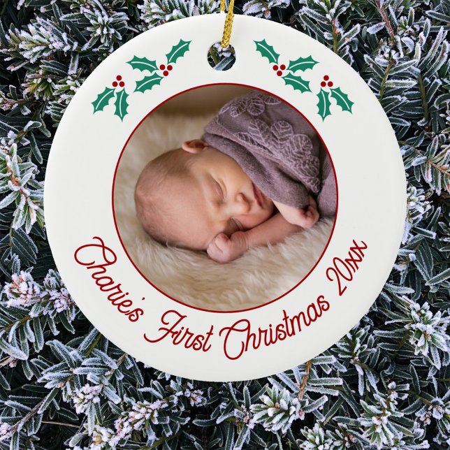 Personlig Baby Första julfoto Julgransprydnad Keramik (Personalized baby name first Christmas year photo ornament)