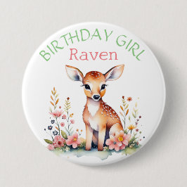 Personlig Baby Hjort i Blommor Birthday Girl Knapp