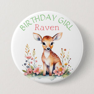 Personlig Baby Hjort i Blommor Birthday Girl Knapp