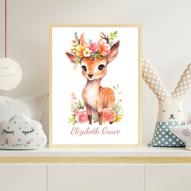 Personlig Baby Hjort Rosa Blommigt Nursery Wall Poster (Baby Deer Pink Florals Watercolor Personalized Nursery Wall Art Poster Print)