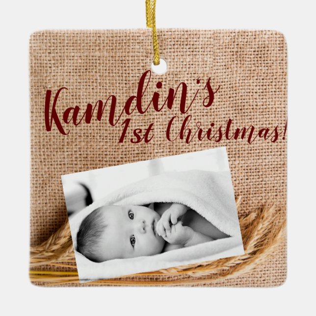 Personlig Baby JULAFTON Ornament Wheat on Burlap S (Framsida)