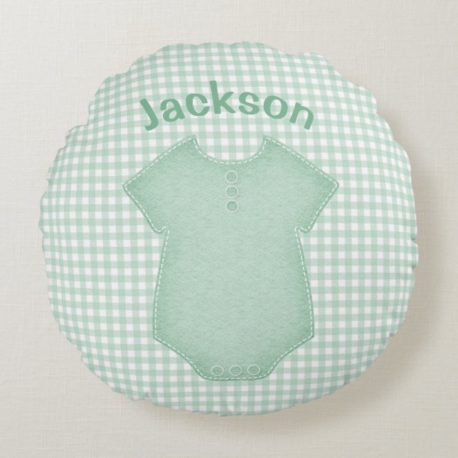 Personlig Baby Kostym Play Gingham Nursery Namn Rund Kudde (Framsidan)