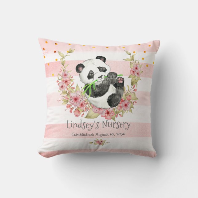 Personlig Baby Panda Rosa Blommigt Nursery Kudde (Framsida)