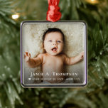 Personlig Baby Photo Keepsak Ornament | Anpassning<br><div class="desc">Gratulera till din lilla glädje med den här tidlösa personligen baby fotoornament. Den här anpassningsbarna ger en meningsfull gåva till föräldrar, mor- och farföräldrar och nära och kära, och har dina nyfödda bild, namn, födelsedatum och detaljer. Designad med en modern text på ram och elegant på torg är det perfekten...</div>