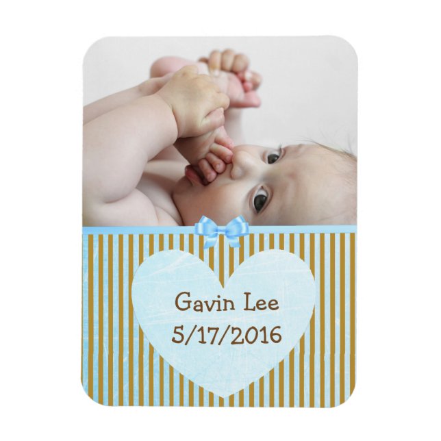 Personlig Baby Photo Magnet Brown och Blue Rand (Vertikal)