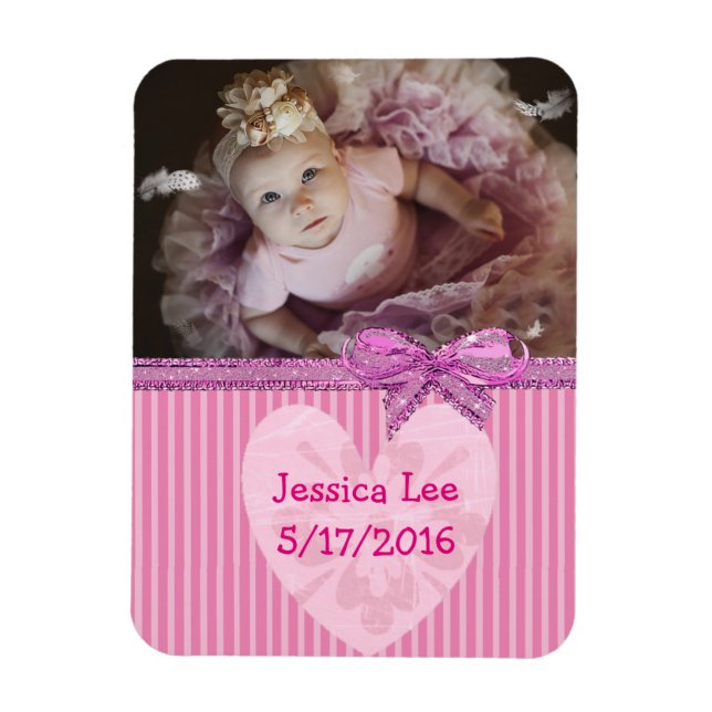 Personlig Baby Photo Magnet Rosa Rand (Vertikal)