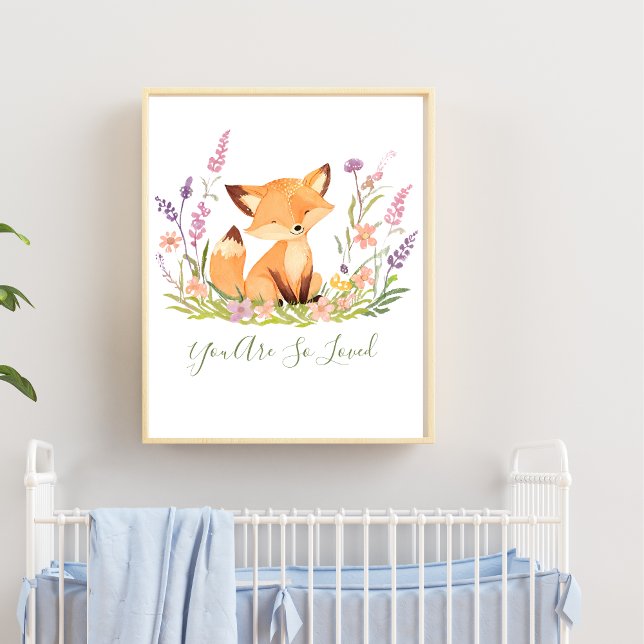 Personlig Baby Räv Vildblommor Barnkammare Väggkon Poster (Personalized Baby Fox Nursery Wall Art. Add your text or babies name. Baby shower gift, new baby gif)