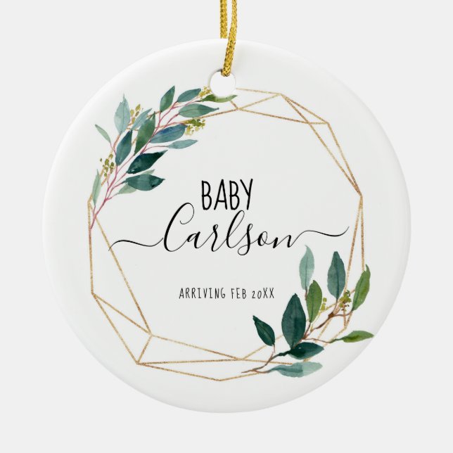 Personlig Baby Reveal Gravid Greenery Julgransprydnad Keramik (Framsidan)