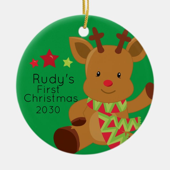 Personlig Baby Rudolph Reindeer 1:a jul Julgransprydnad Keramik (Framsidan)