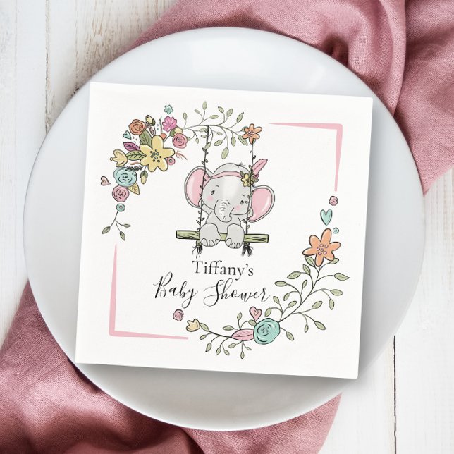 Personlig Baby Shower Cute Elephant Girl Blommigt Pappersservett (Skapare uppladdad)
