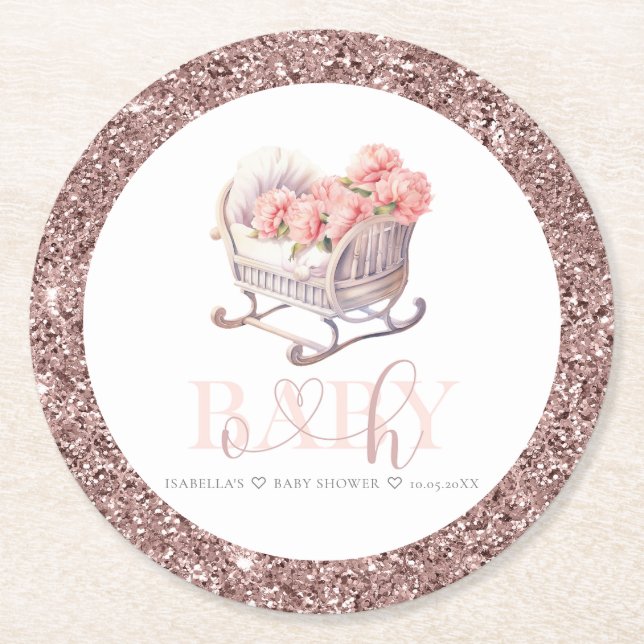 Personlig Baby Shower Glitter Baby Basket Underlägg Papper Rund (Framsidan)