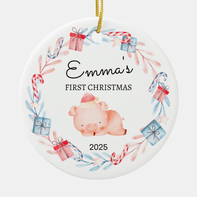 Personlig Baby under första julen, Gris Gift Julgransprydnad Keramik (Framsidan)