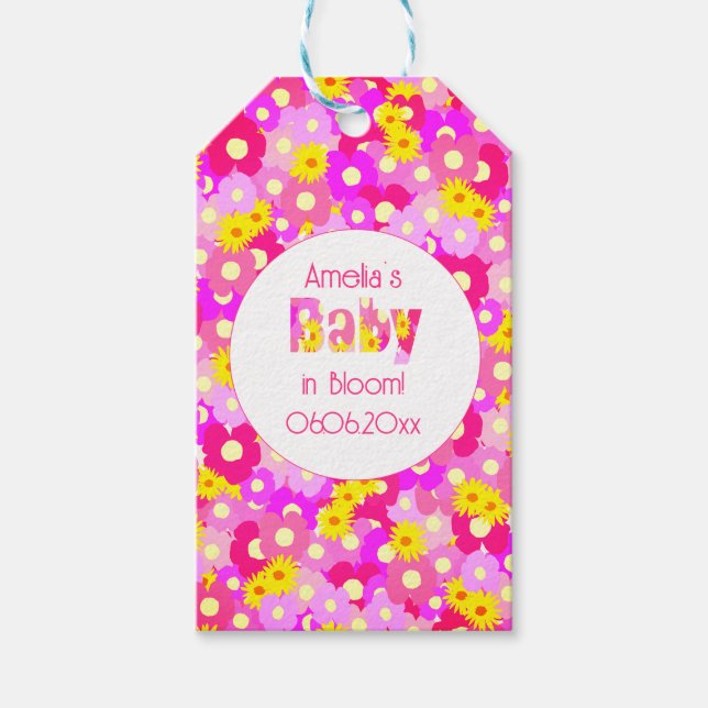 Personlig babyfest med vacker rosa blomma presentetikett (Framsidan)
