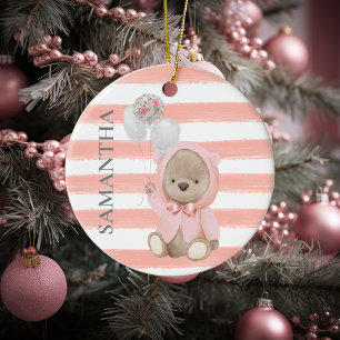 Personlig babyspegel Rosa Teddybjörn Tjejpresent Julgransprydnad Keramik