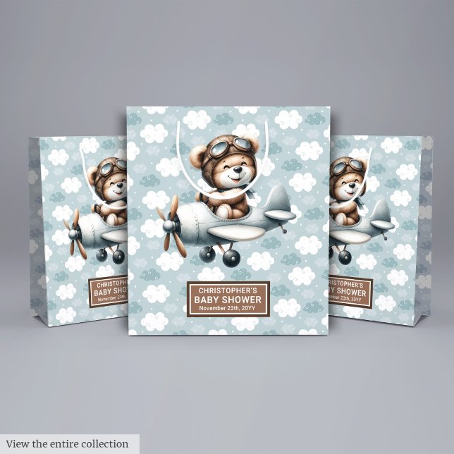 Personlig babystövel med blå stöttepilot (Personalized Baby Shower Bag With Blue Bear Pilot)