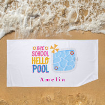 Personlig badhandduk med 'Hejdå skola, hej pool'