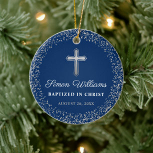 Personlig Baptism Christing Navy Blue Silver Julgransprydnad Keramik