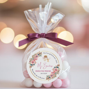 Personlig Baptism och favoriter ger Rosa Flowers Runt Klistermärke