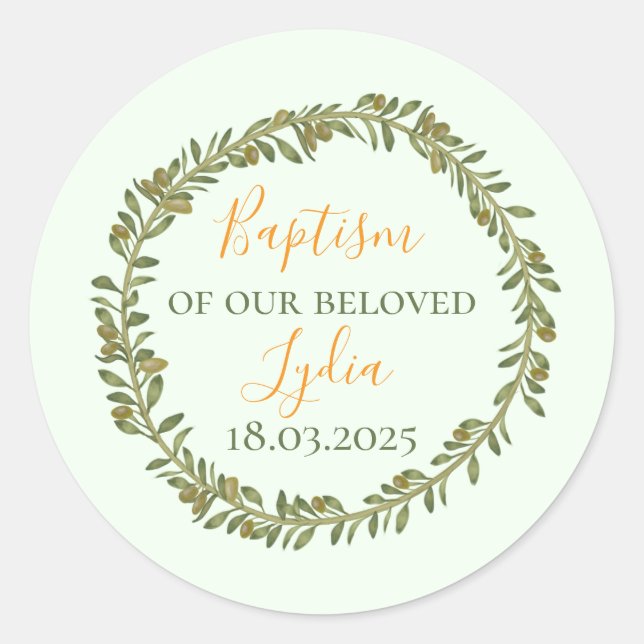 Personlig Baptism Olivutandning Runt Klistermärke (Framsida)