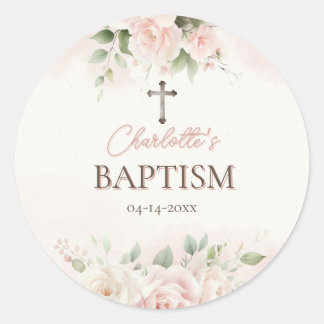 Personlig Baptism Sticker - Elegant Rosa ros Runt Klistermärke
