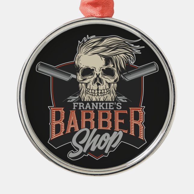 Personlig Barber Shop Hipster Skull och Razors  Julgransprydnad Metall (Framsidan)